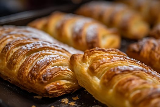 Golden-brown pastries with sugar on top, freshly baked and flaky texture.