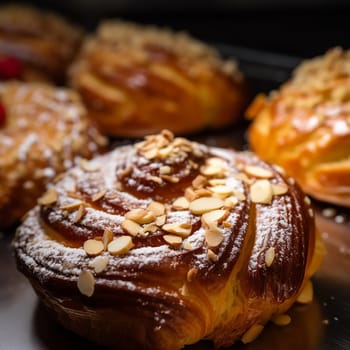 Freshly baked almond pastries with powdered sugar.