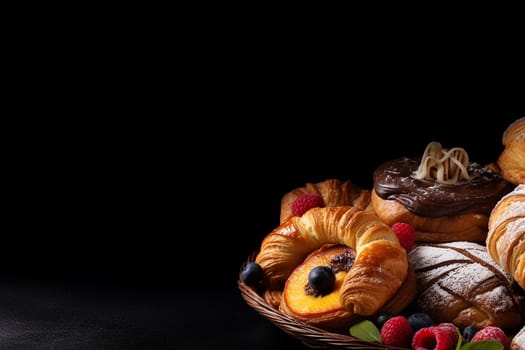 Assorted pastries with berries in a basket on a dark background