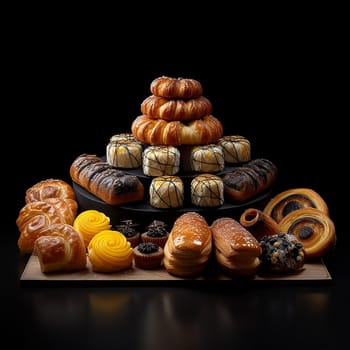 Assorted pastries on a dark background, showcasing textures and glazes