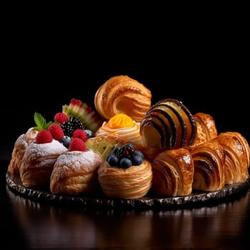 Assorted fresh pastries with fruits on dark background.