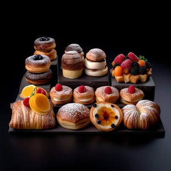 Assorted sweet pastries on a black slate tray against dark background
