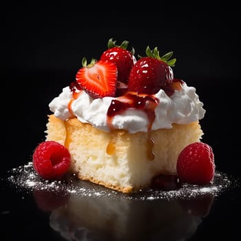 Fresh sponge cake topped with whipped cream, strawberries, drizzle of syrup, and raspberries on dark background.