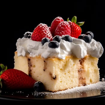Fluffy vanilla cake topped with fresh whipped cream and berries.