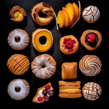 Assorted pastries on a dark background, including donuts, croissants, and fruit tarts.
