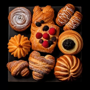 Assortment of delicious pastries on a dark background.
