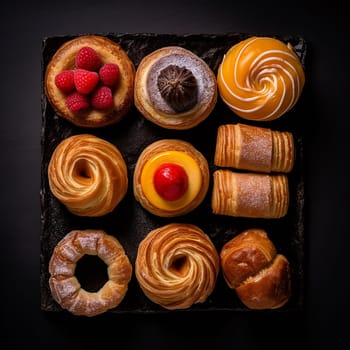 Assorted pastries arranged on a dark background, viewed from above.