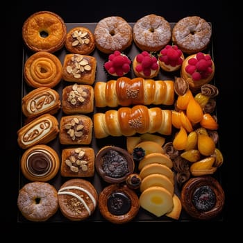Variety of pastries, breads, and desserts arranged neatly.