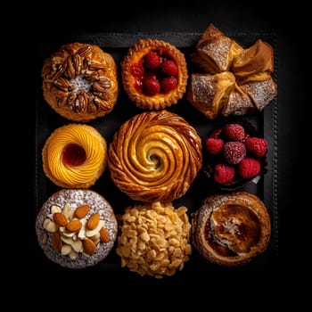 Assorted pastries on a dark background, includes nuts and fruits