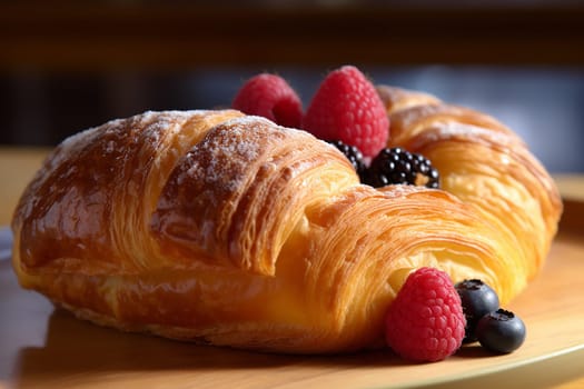Golden flaky croissant with fresh raspberries and blackberries, powdered sugar on top.