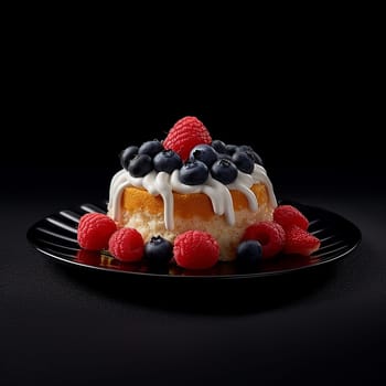 Bundt cake topped with glaze and fresh berries on a dark plate.