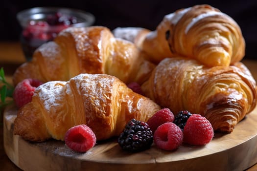 Golden croissants on a wooden board with fresh berries.