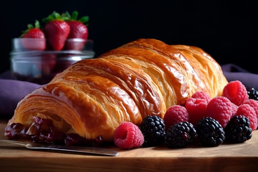 Golden, flaky croissant surrounded by fresh berries on a dark background.