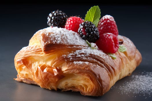 A golden pastry topped with fresh raspberries, blackberries, and a dusting of powdered sugar.