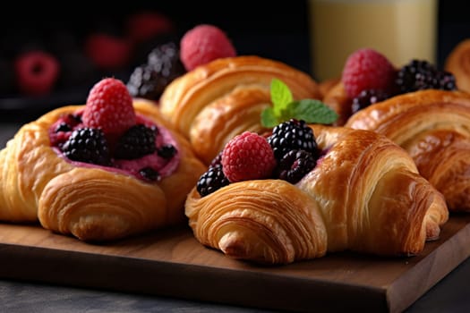 Freshly baked croissants with berries and a glass of juice.