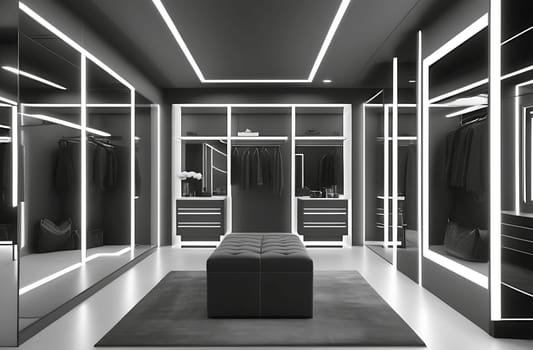 Luxurious elegant dressing room in black and white tones with glass doors with neon lighting in a spacious apartment with a stylish modern design.