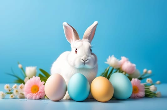 A small white fluffy rabbit sits near colorful Easter eggs and flowers on a blue background.