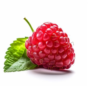 A single ripe raspberry with a green leaf on white background.