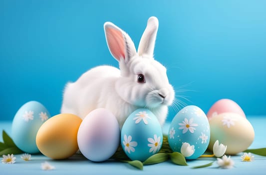 A small white fluffy rabbit sits near colorful Easter eggs and flowers on a blue background.