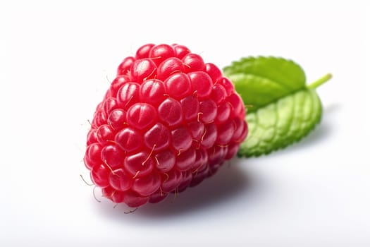 A fresh, ripe raspberry with a green leaf on a white background