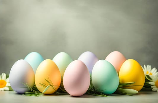 Multicolored painted eggs with delicate spring flowers on a light gray stone background. The concept of the Spring and Easter holiday with a copy space.