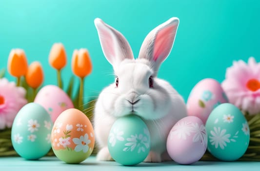 A small white fluffy rabbit sits near colorful Easter eggs and flowers on a blue background.