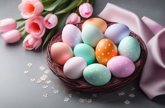 Multicolored painted eggs with delicate spring flowers in the nest against a light gray stone background. The concept of the Spring and Easter holiday with a copy space.