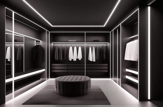Luxurious elegant dressing room in black and white tones with glass doors with neon lighting in a spacious apartment with a stylish modern design.