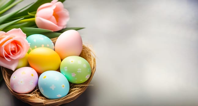 Multicolored painted eggs with delicate spring flowers in the nest against a light gray stone background. The concept of the Spring and Easter holiday with a copy space.