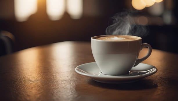 Cafe hot cup of coffee on a saucer on a dark background, casting a thin shadow. Bokeh in the background