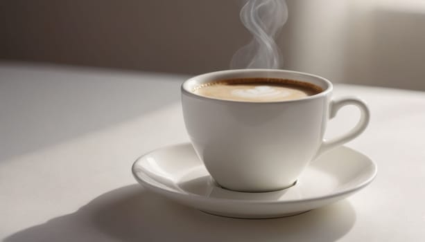 A hot cup of coffee on a saucer, set against a white background, casting a subtle shadow