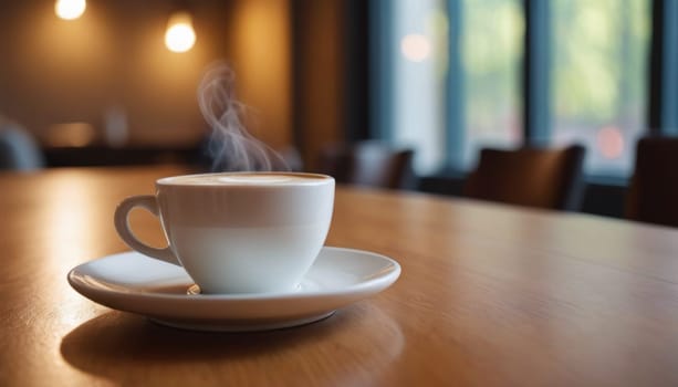 Cafe hot cup of coffee on a saucer on a dark background, casting a thin shadow. Bokeh in the background