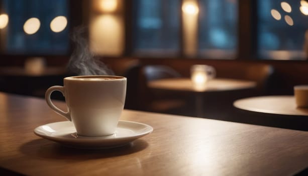 Cafe hot cup of coffee on a saucer on a dark background, casting a thin shadow. Bokeh in the background