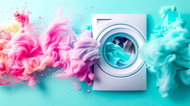 A washing machine emitting vibrant colorful smoke against a blue backdrop, capturing the essence of aqua, magenta, purple, and pink hues through a camera lens.