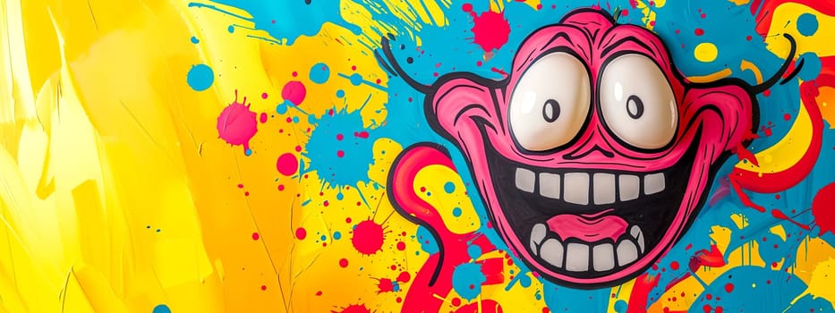A close-up of a cartoon face with a smile, painted in vibrant colors on a magenta background, showcasing the art of painting and visual arts.