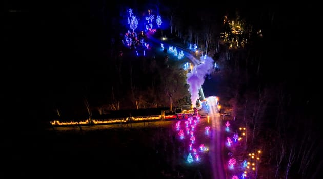 Overhead Night View Of A Colorful Light-Festooned Train Emitting Steam As It Travels Through A Dark, Tree-Lined Area.