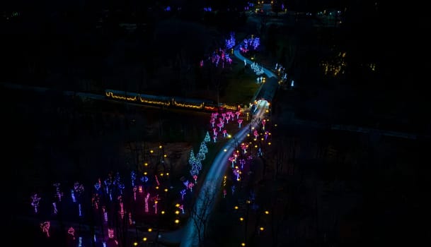 Aerial Night View Capturing A Winding Road Flanked By Colorful Trees With Christmas Lights Leading Towards A Distant Illuminated Area.