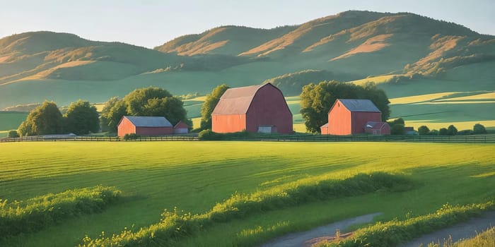 Rural charm of countryside settings, including farm fields, barns, and rustic landscapes. Generative AI