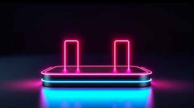 An abstract surreal scene featuring an empty stage with a cylinder podium and circle shape on a holographic neon colored background.