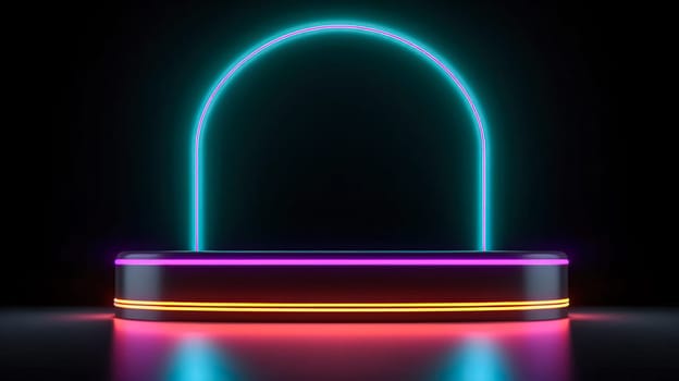 An abstract surreal scene featuring an empty stage with a cylinder podium and circle shape on a holographic neon colored background.