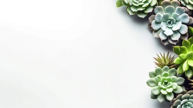 A minimalist urban gardening or stylish interior background featuring various succulents arranged on a white backdrop. Top view with copy space available.