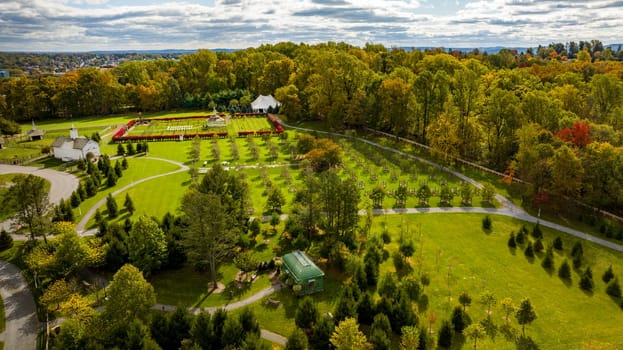 Elizabethtown, Pennsylvania, October 22, 2023 - An Aerial View of a Large Gazebo in the Middle of a Vineyard, With Seating for a Weddings on an Autumn