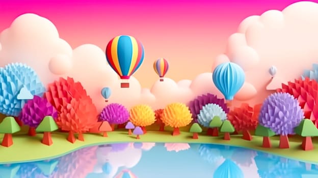 Experience the magic of paper cutting with these stunning 3D balloons floating gracefully over majestic mountains, creating a picturesque scene.