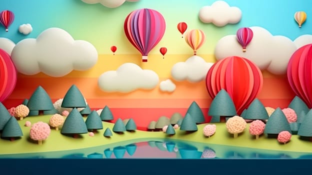 Experience the magic of paper cutting with these stunning 3D balloons floating gracefully over majestic mountains, creating a picturesque scene.