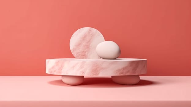 Abstract and futuristic, this 3D rendered shiny pink round marble pedestal podium is illuminated by spotlights on a white background. High quality concept design.