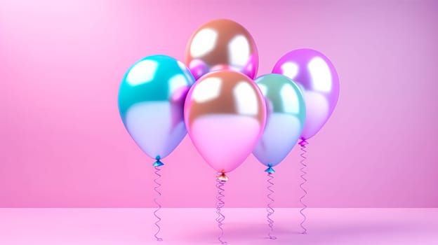 A vivid set of realistic matte helium balloons floats against a colorful blurred background. Ideal for birthday, party, wedding, or promotional designs.