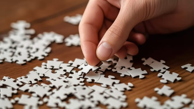 Human hands holding a jigsaw puzzle with the words problem and solution, symbolizing association, connection, and strategic business planning.