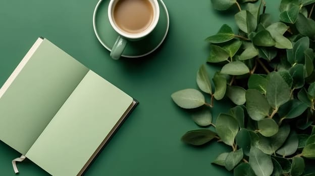 A school notebook rests on a green background, atop a table. Simple and practical, perfect for educational or office themed designs.