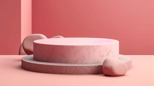 Abstract and futuristic, this 3D rendered shiny pink round marble pedestal podium is illuminated by spotlights on a white background. High quality concept design.