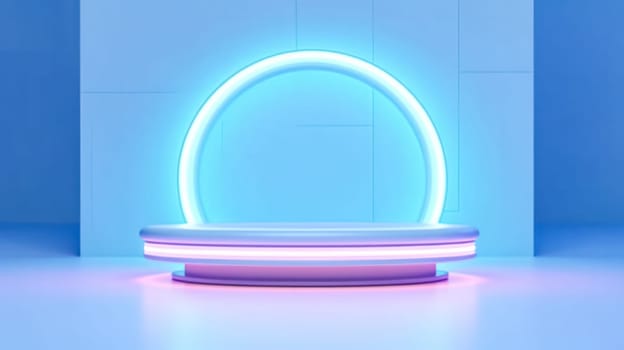 An abstract surreal scene featuring an empty stage with a cylinder podium and circle shape on a holographic neon colored background.